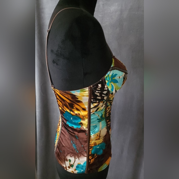 Teal/Aqua/Turquoise/Gold/Brown Corset Top With Straps - Picture 2 of 8
